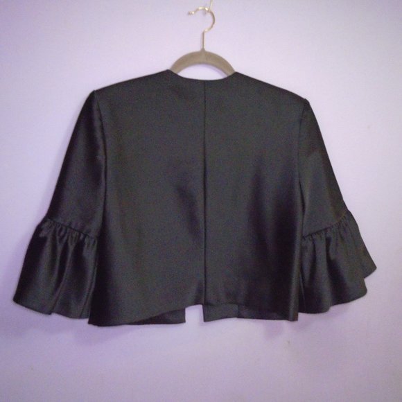 JS Collection Bell Sleeve Jacket Blazer Black Satin No collar with shoulder pads - Picture 7 of 8